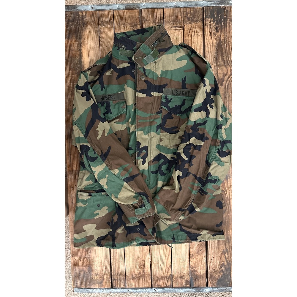 US Army M65 Field Jacket Woodland Camo Cold Weather Coat Large Long Hubert